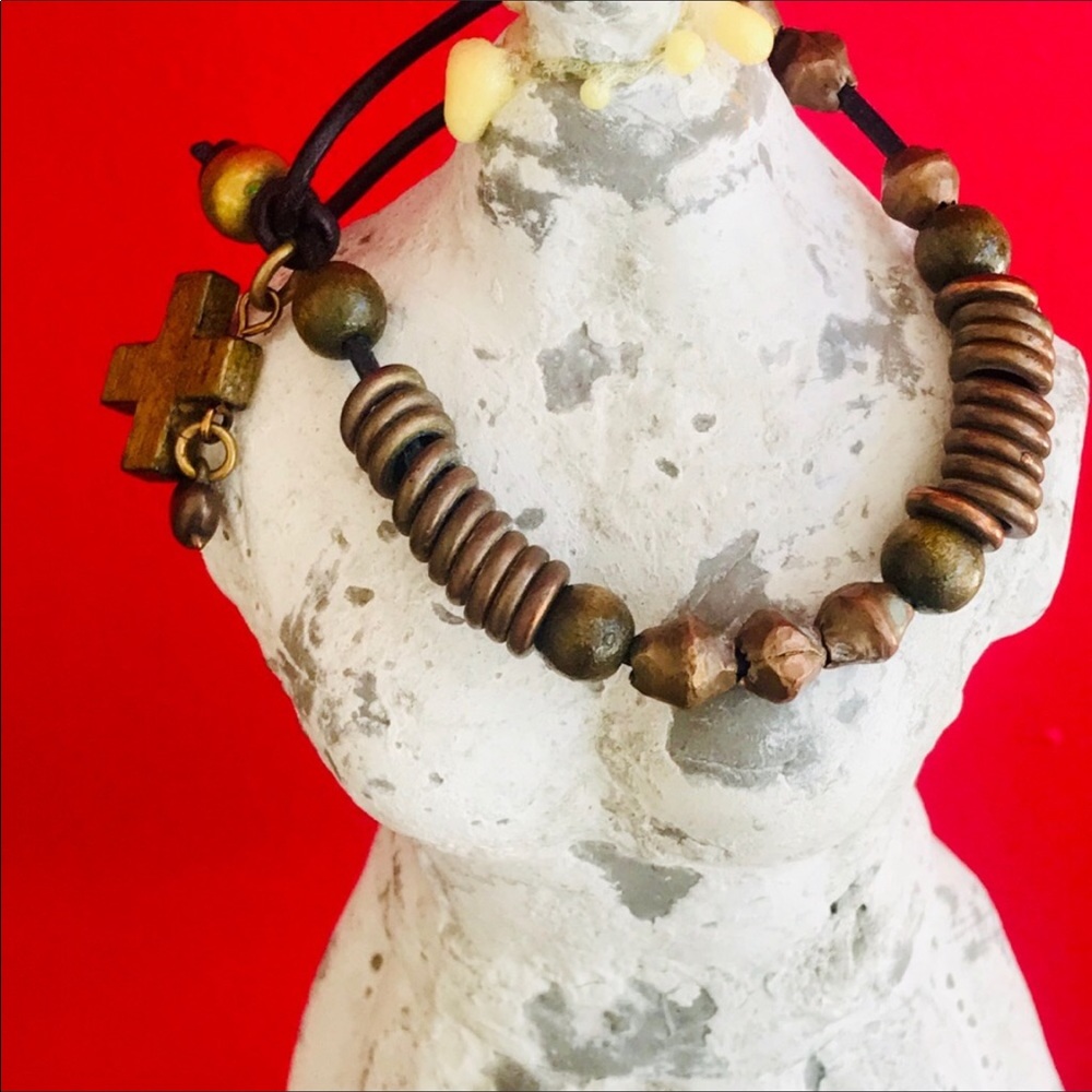 Handcrafted Metal Beaded Wood Cross Bracelet
